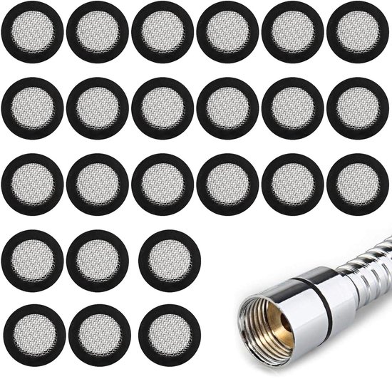 24 zwarte douchekop filterringen met gaas en slangverbinding