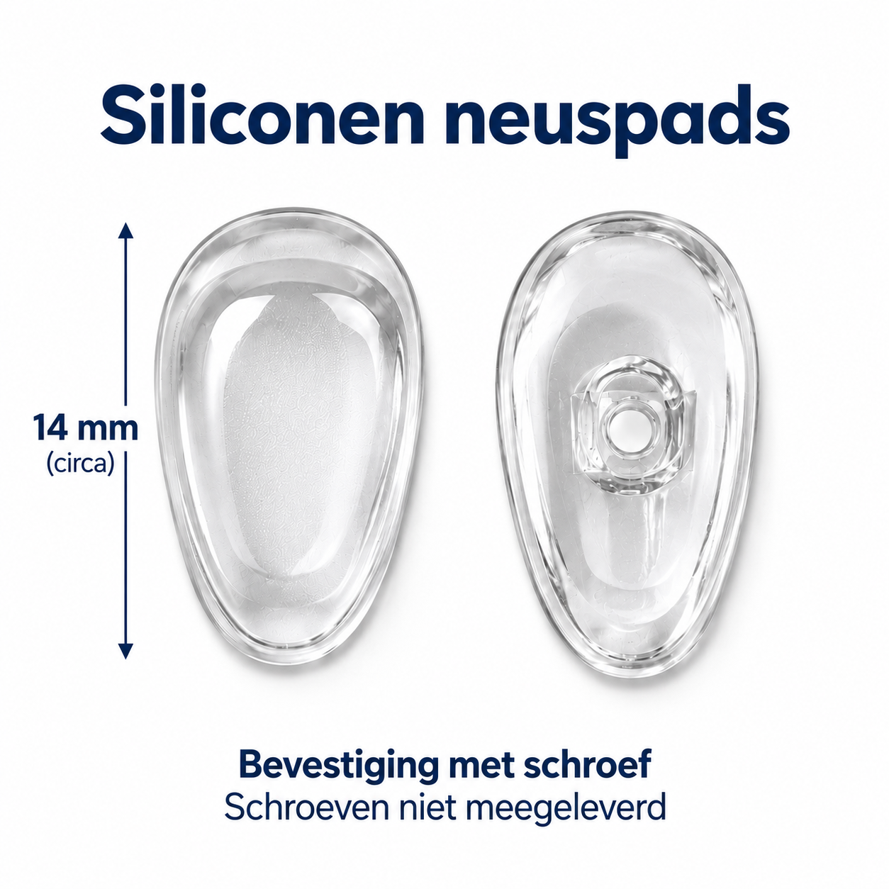 Voor- en achterkant van transparante siliconen neuspads, circa 14 mm lang, voor schroefbevestiging. Schroeven niet meegeleverd.